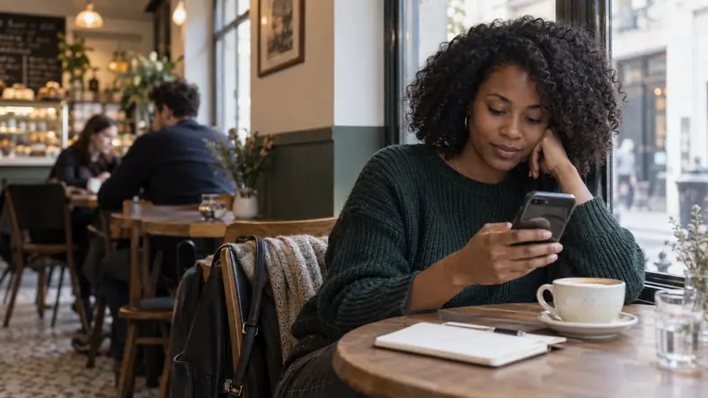 Casino en ligne : comment ça fonctionne ? Guide complet | TOP SITE STREAMING Personne consultant une plateforme de casino en ligne sur son smartphone dans un café.