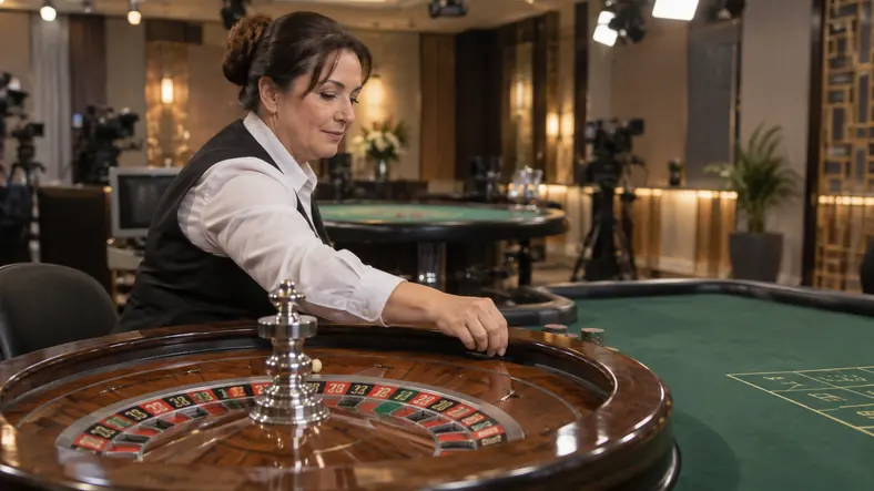 Casino en ligne : comment ça fonctionne ? Guide complet | TOP SITE STREAMING Croupière au travail devant une roulette dans un studio de casino live.