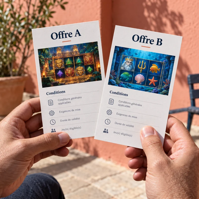 Deux mains tiennent des fiches de deux offres fictives de casino en ligne avec leurs conditions.