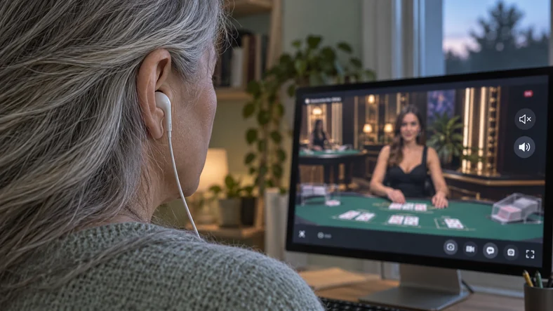 Casino live : comment comparer les plateformes avec croupiers en direct ? | TOP SITE STREAMING Une femme porte un écouteur filaire devant une interface fictive de casino live avec des commandes audio.