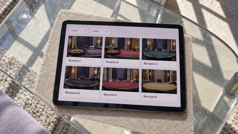 Casino live : comment comparer les plateformes avec croupiers en direct ? | TOP SITE STREAMING Une tablette présente un lobby fictif de tables live avec des filtres de langue et de limites.