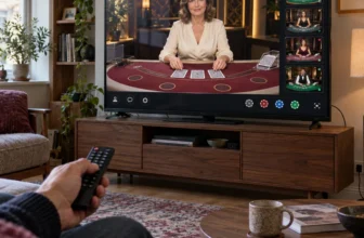 Un téléviseur affiche une interface fictive de casino live avec une croupière et plusieurs aperçus de tables.