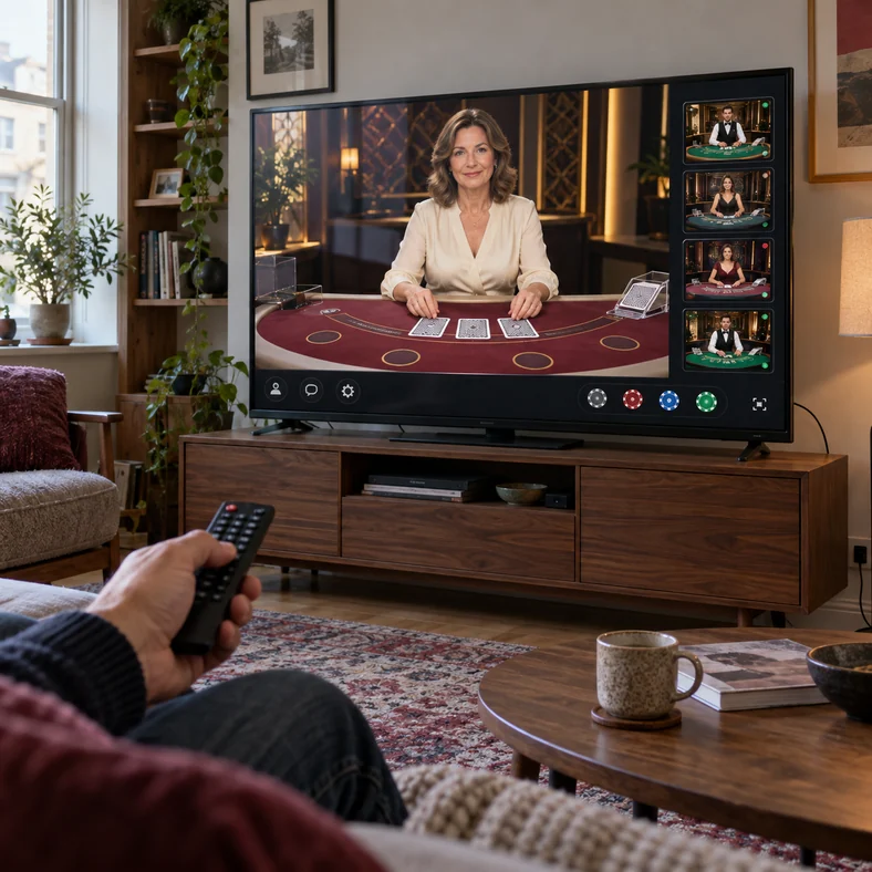 Casino live : comment comparer les plateformes avec croupiers en direct ? | TOP SITE STREAMING Un téléviseur affiche une interface fictive de casino live avec une croupière et plusieurs aperçus de tables.