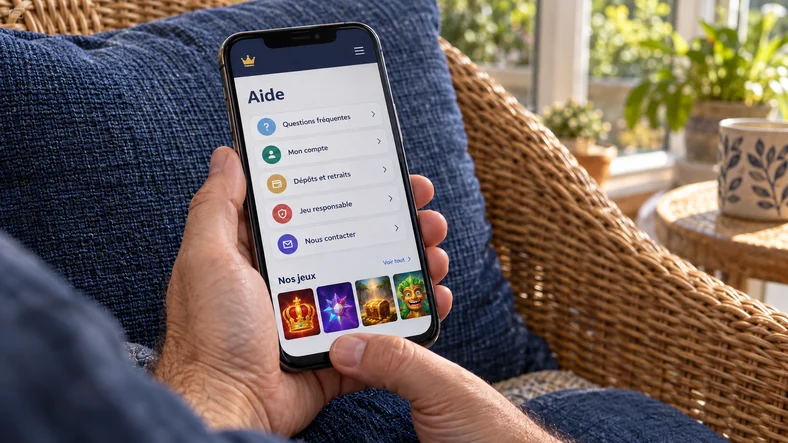 Un téléphone affiche une page d’aide avec de grands boutons sur une interface fictive de casino.