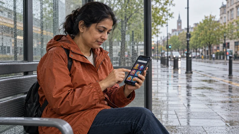 Une femme consulte la recherche d’un catalogue fictif de casino sur son téléphone sous un abri de bus.