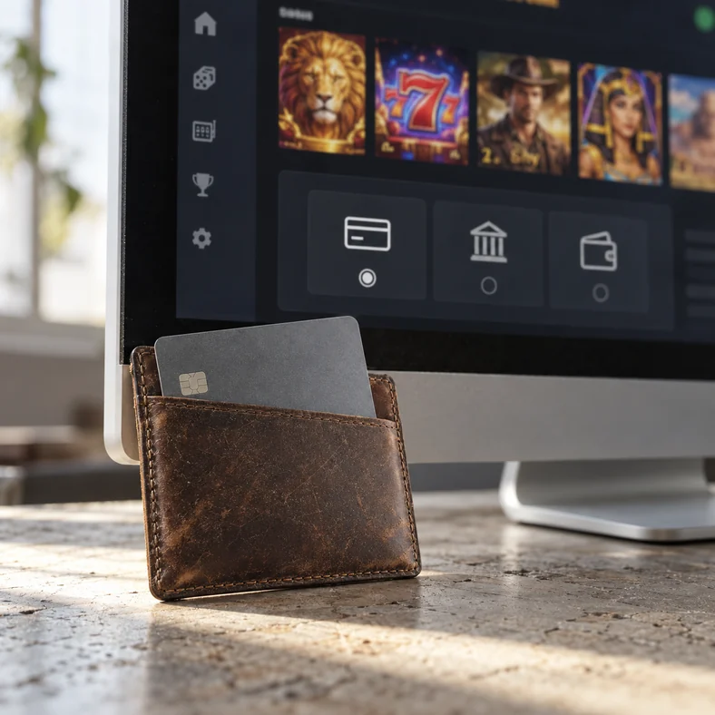 Un porte-cartes en cuir et une carte sans marque devant les options de paiement d’un casino en ligne fictif.