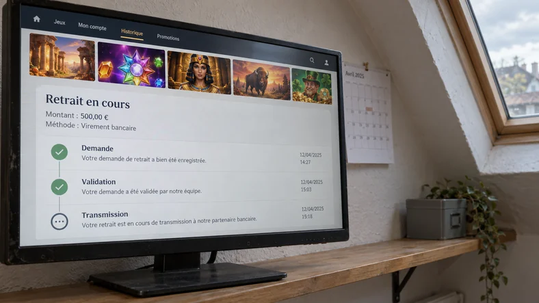 Casino retrait rapide : comment comparer les délais réels plutôt que les promesses ? | TOP SITE STREAMING Un écran affiche les étapes de demande, de validation et de transmission d’un retrait sur une interface fictive.