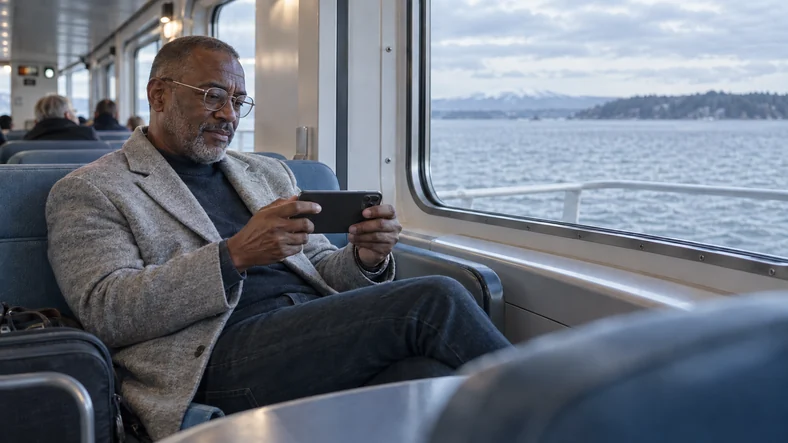Casino machines à sous : comment comparer un catalogue au-delà du nombre de jeux ? | TOP SITE STREAMING Un homme utilise son téléphone en position horizontale dans un salon de ferry.
