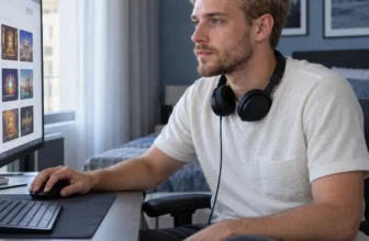 Un jeune homme consulte un catalogue fictif de machines à sous sur son ordinateur.