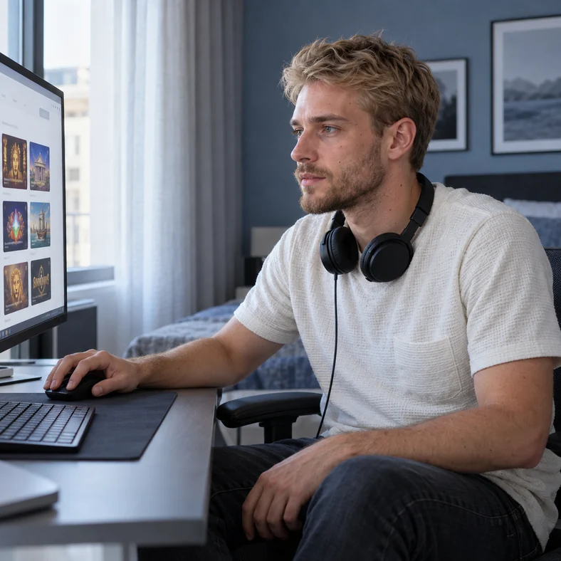 Casino machines à sous : comment comparer un catalogue au-delà du nombre de jeux ? | TOP SITE STREAMING Un jeune homme consulte un catalogue fictif de machines à sous sur son ordinateur.