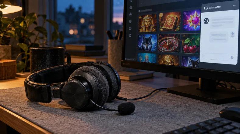 Comparatif casino en ligne : comment évaluer une plateforme sérieusement ? | TOP SITE STREAMING Un casque avec microphone posé près d’un écran affichant l’assistance d’un site de casino en ligne.