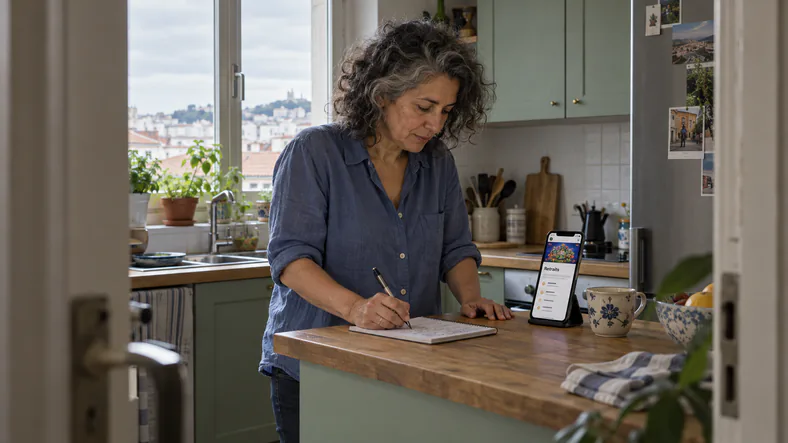 Comparatif casino en ligne : comment évaluer une plateforme sérieusement ? | TOP SITE STREAMING Une femme note les conditions de retrait affichées sur un téléphone dans une cuisine.