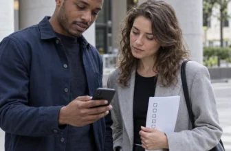 Deux adultes consultent un téléphone et une checklist avant une inscription en ligne.