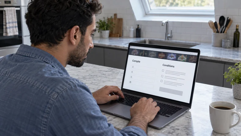 Un homme lit les rubriques Compte et Conditions d’une interface de casino fictive sur un ordinateur portable.