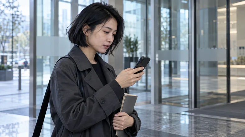 Une femme consulte son téléphone, carnet en main, dans une entrée vitrée.