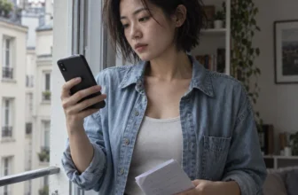 Une jeune femme consulte son téléphone en tenant une fiche de vérification près d’une fenêtre.