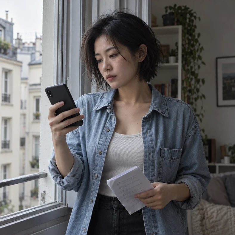 Casino en ligne fiable : les preuves à exiger avant de faire confiance à un site | TOP SITE STREAMING Une jeune femme consulte son téléphone en tenant une fiche de vérification près d’une fenêtre.