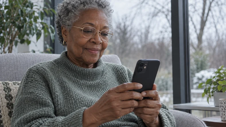 Casino en ligne fiable : les preuves à exiger avant de faire confiance à un site | TOP SITE STREAMING Une femme lit un message sur son téléphone près de la fenêtre d’un jardin d’hiver.