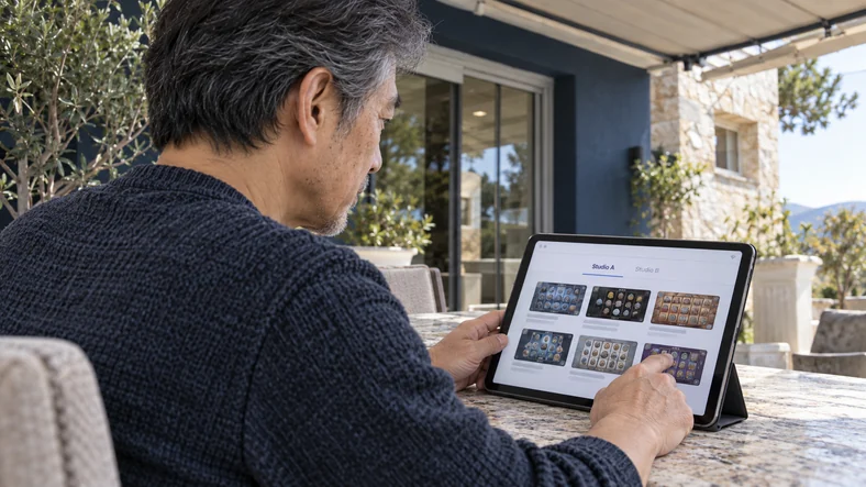 Casino et fournisseurs de jeux : comment comparer la qualité réelle d’un catalogue ? | TOP SITE STREAMING Un homme examine une sélection de studios fictifs de jeux sur une tablette posée sur un support.