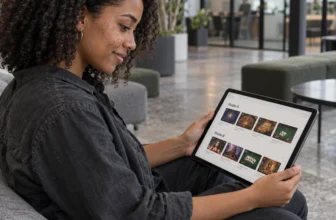 Une jeune femme examine une sélection de fournisseurs fictifs de jeux sur sa tablette.