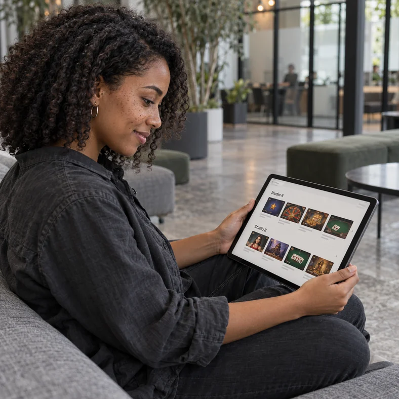 Casino et fournisseurs de jeux : comment comparer la qualité réelle d’un catalogue ? | TOP SITE STREAMING Une jeune femme examine une sélection de fournisseurs fictifs de jeux sur sa tablette.