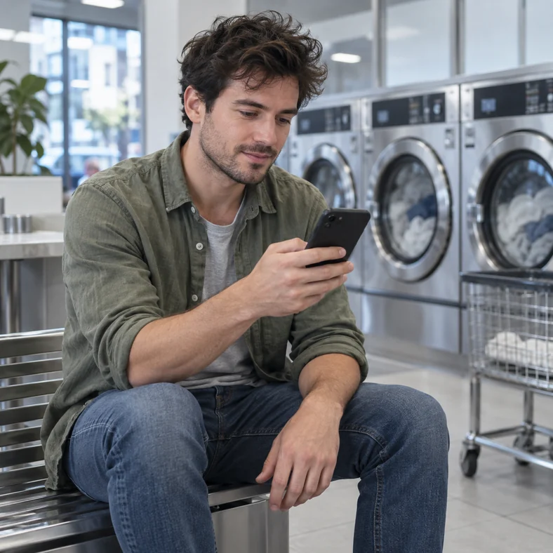 Casino retrait instantané : que signifie vraiment “instantané” ? | TOP SITE STREAMING Un jeune adulte consulte son téléphone pendant un temps d’attente dans une laverie moderne.