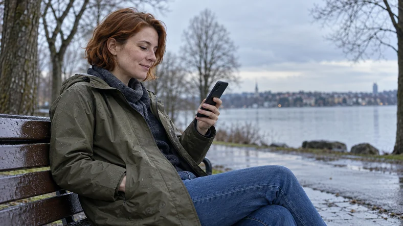 Casino retrait instantané : que signifie vraiment “instantané” ? | TOP SITE STREAMING Une femme en imperméable consulte son téléphone sur un banc au bord de l’eau.